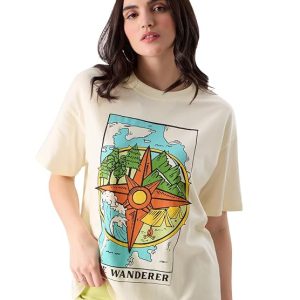 The Souled Store Women TSS Originals: The Wanderer Oversized T-Shirt Oversized T Shirts for Women T-Shirt Girls Cotton Casual Half Sleeves Baggy Loose Fit Drop Shoulder Round Neck Back Printed